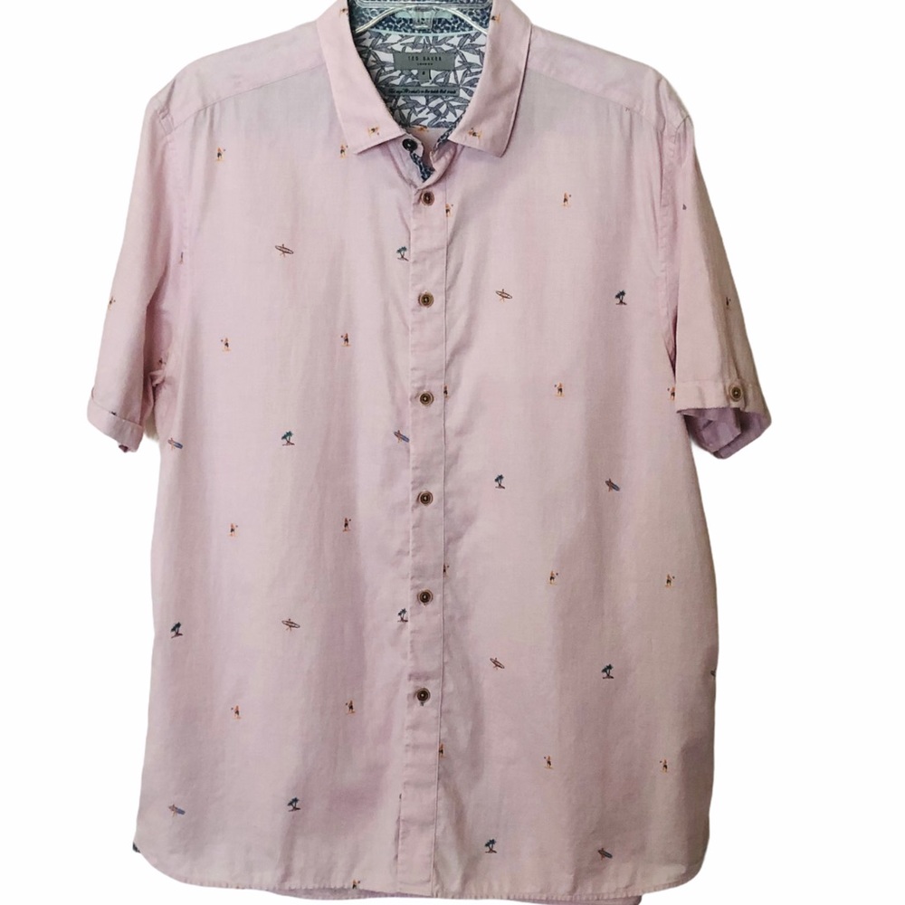 Ted Baker Button Down Beach Print Shirt Pink xxl